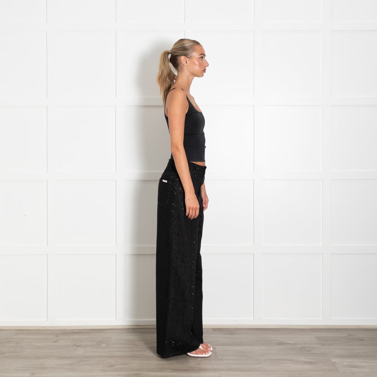 Self-Portrait Black Crystal Embellished Wide Leg Jeans