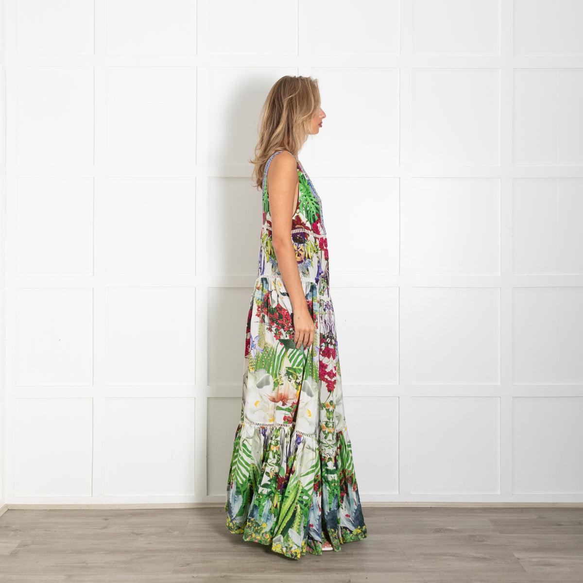 Camilla Cream Green Purple Floral Silk Sleeveless Maxi Dress