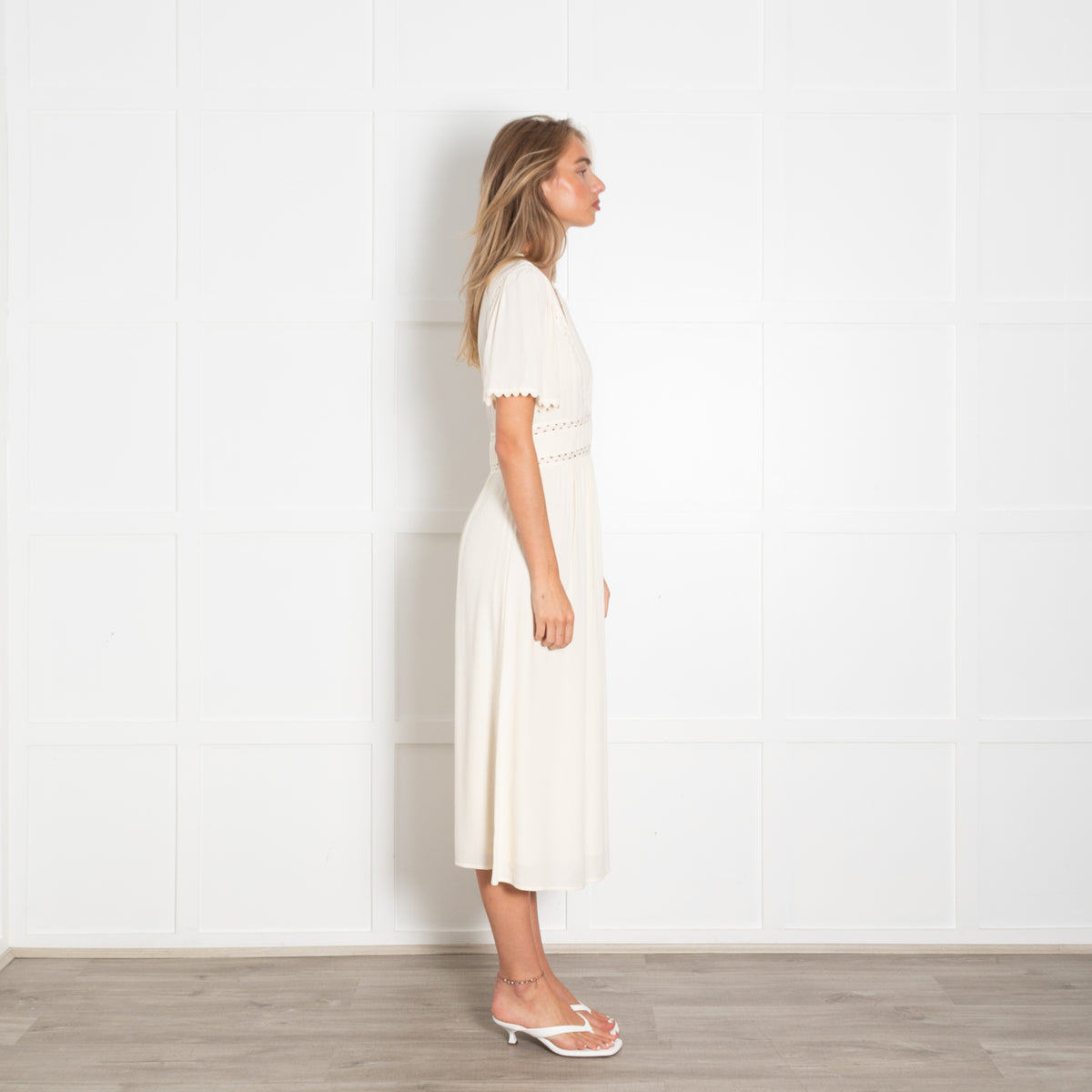 Ba&Sh Pale Yellow Scallop Trim Short Sleeve Midi Dress