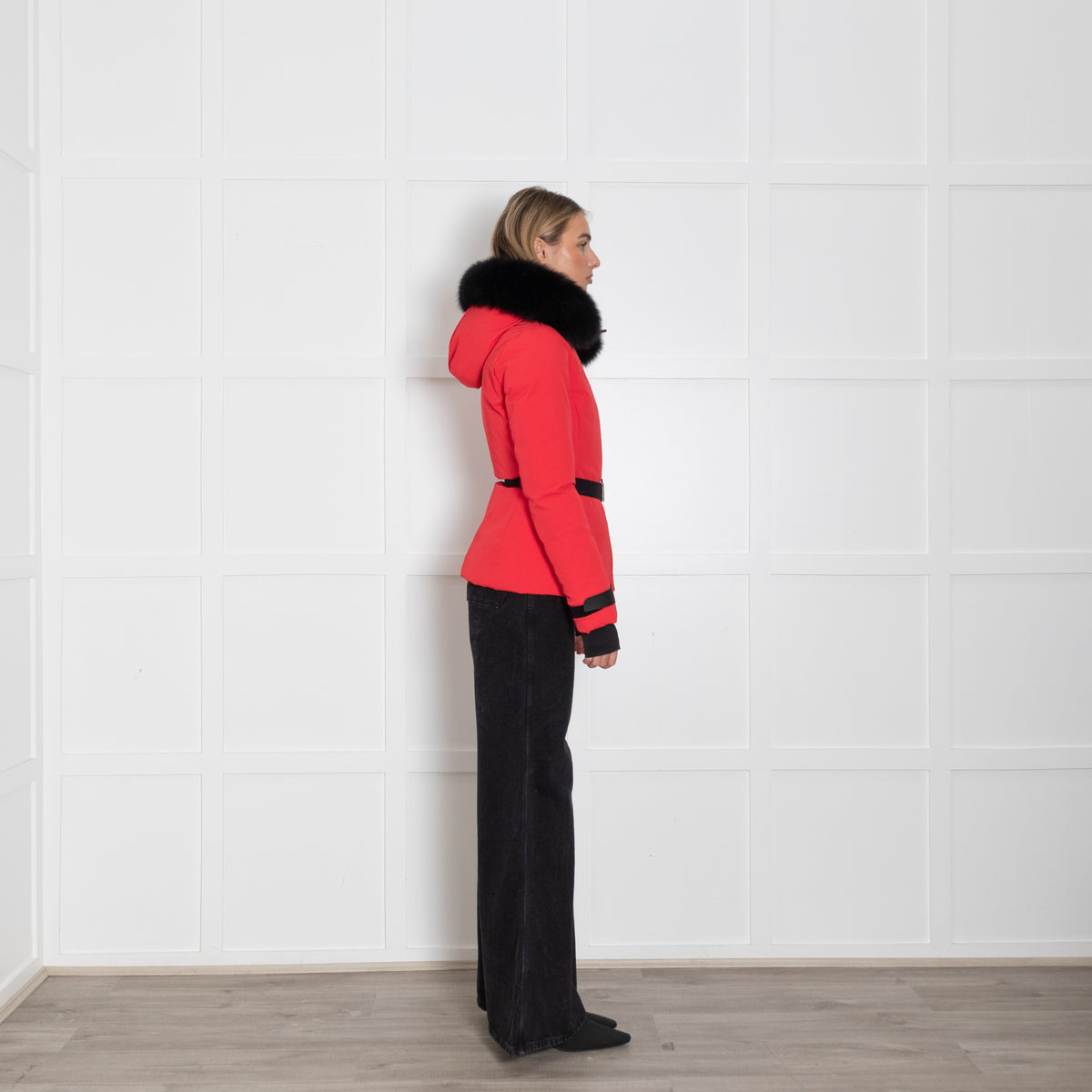 Mackage Krystal Red Black Fur Trim Hood Black Belt Ski Jacket