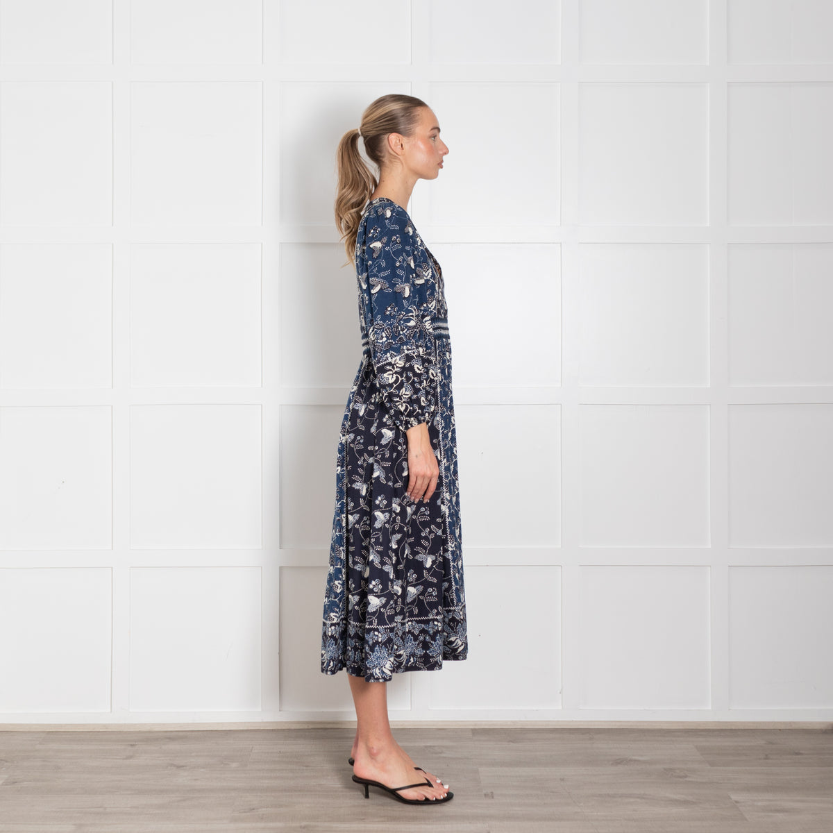 Ulla Johnson Navy Blue Cream Patterned Cotton Blend Maxi Dress