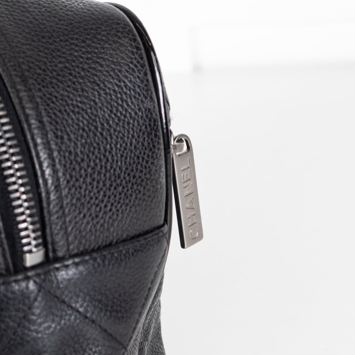 Chanel Quilted Black Caviar Logo Bowler Bag