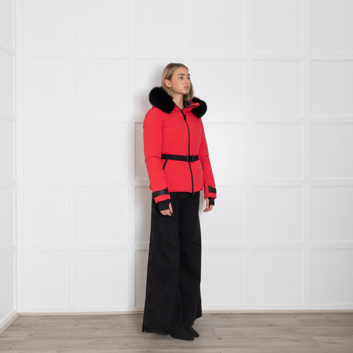 Mackage Krystal Red Black Fur Trim Hood Black Belt Ski Jacket