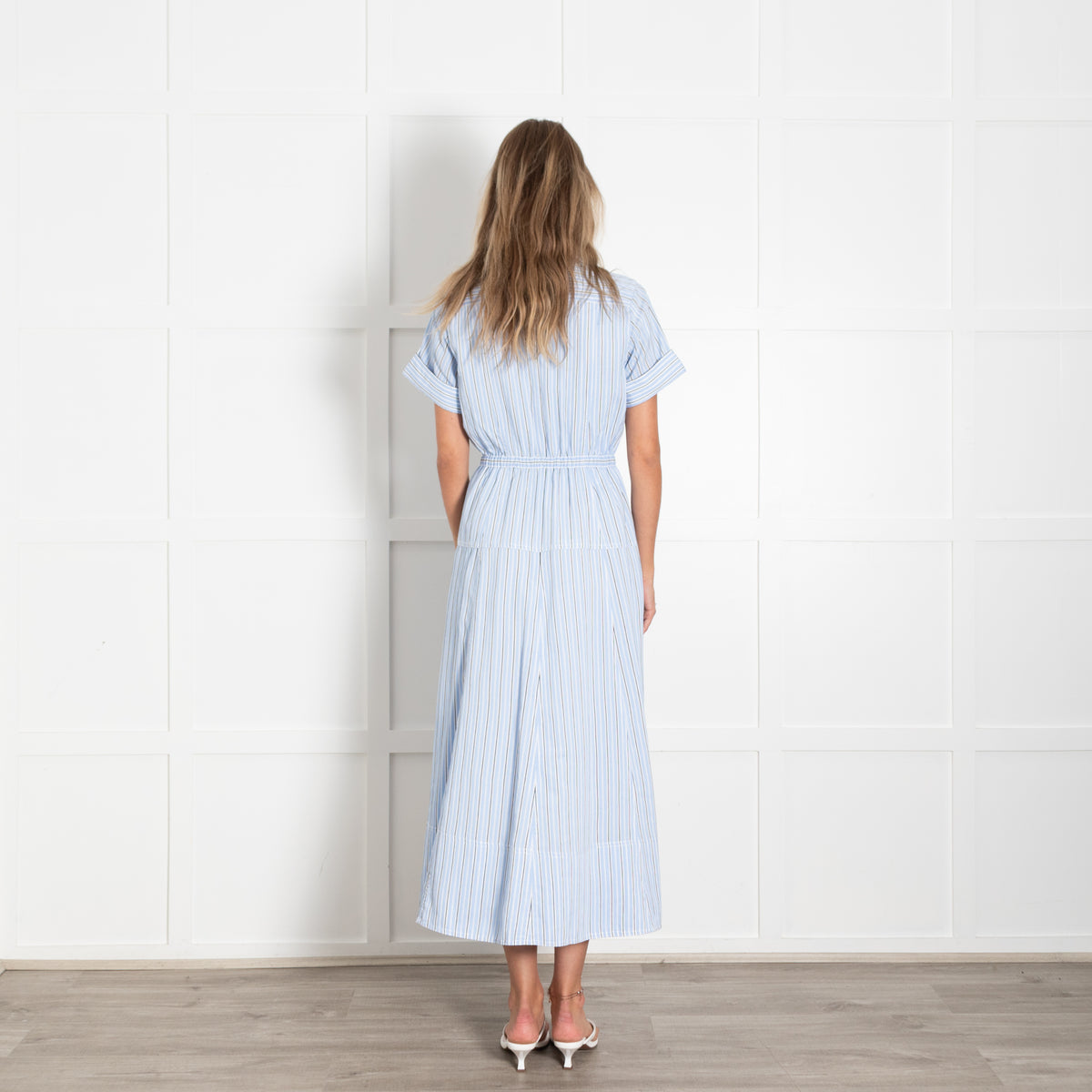 Me + Em Blue And White Drawstring Waist Maxi Shirt Dress