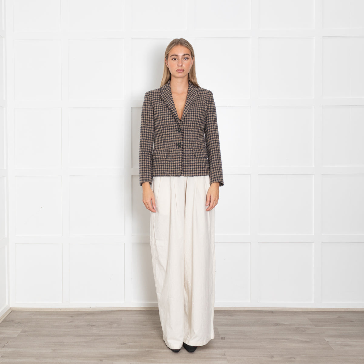 Weekend Max Mara Brown Navy Check Raw Edge Wool Blazer