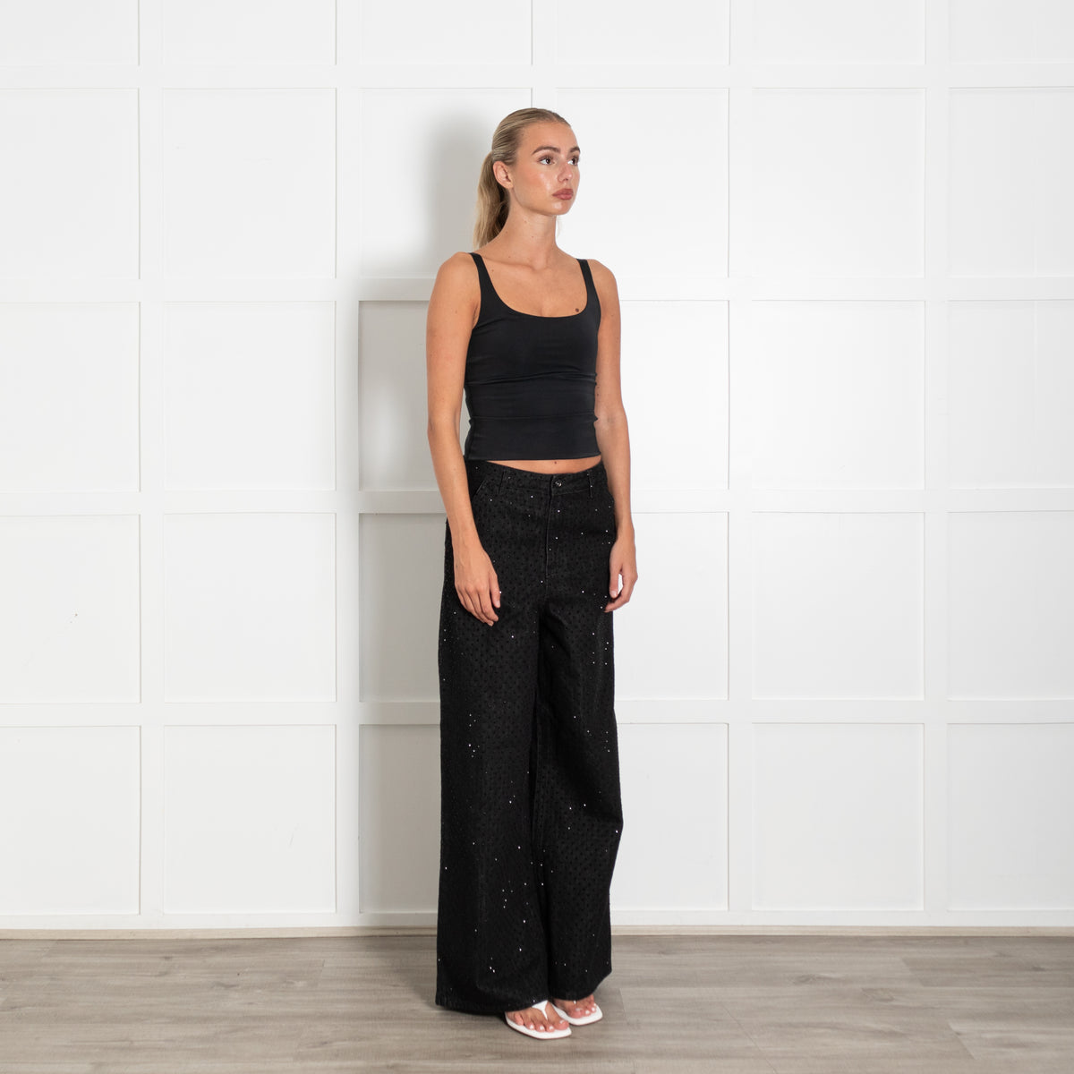 Self-Portrait Black Crystal Embellished Wide Leg Jeans
