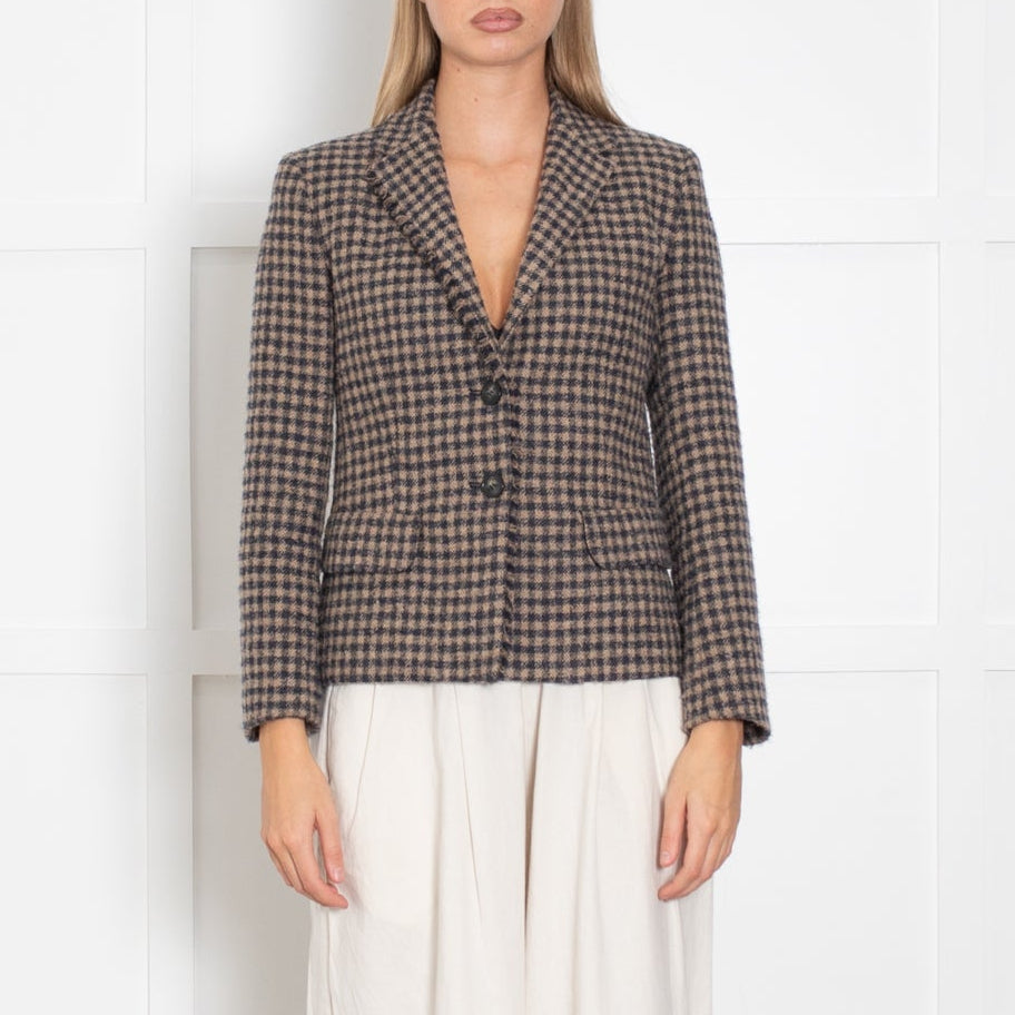 Weekend Max Mara Brown Navy Check Raw Edge Wool Blazer