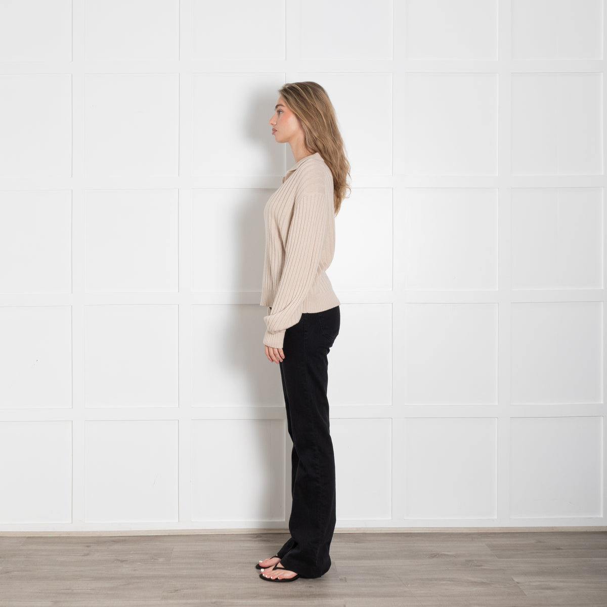 FTC Beige Cashmere Mix Collared Rib Jumper