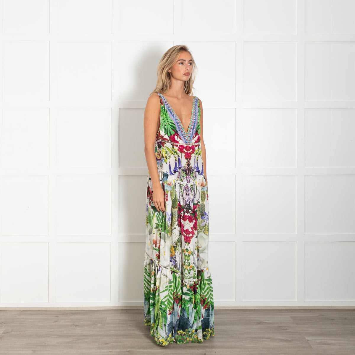 Camilla Cream Green Purple Floral Silk Sleeveless Maxi Dress