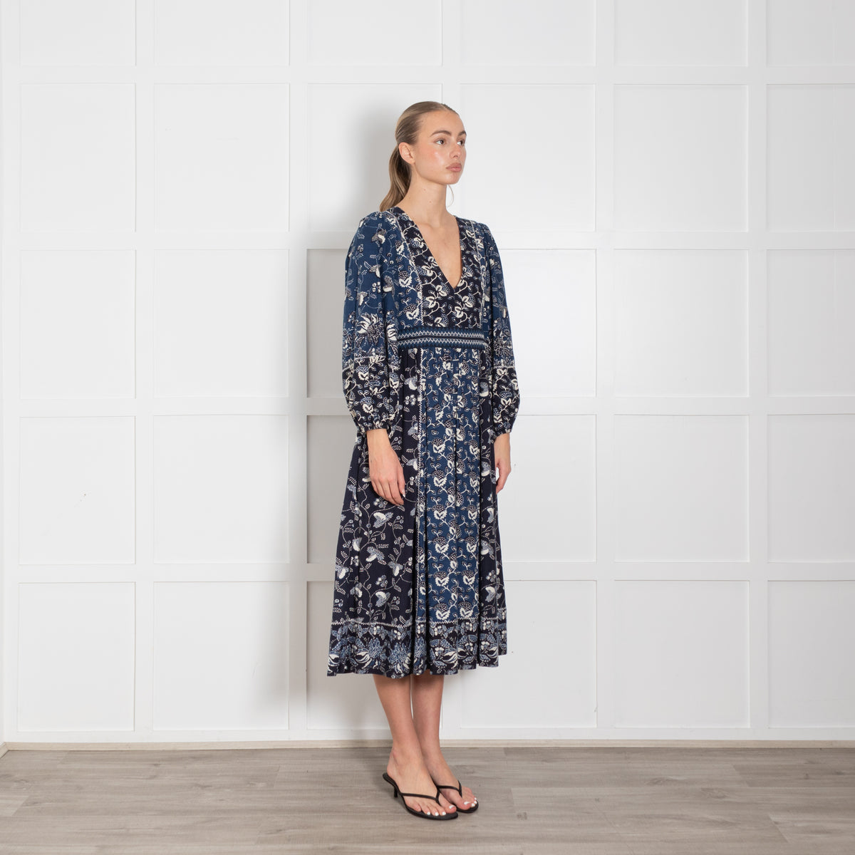 Ulla Johnson Navy Blue Cream Patterned Cotton Blend Maxi Dress