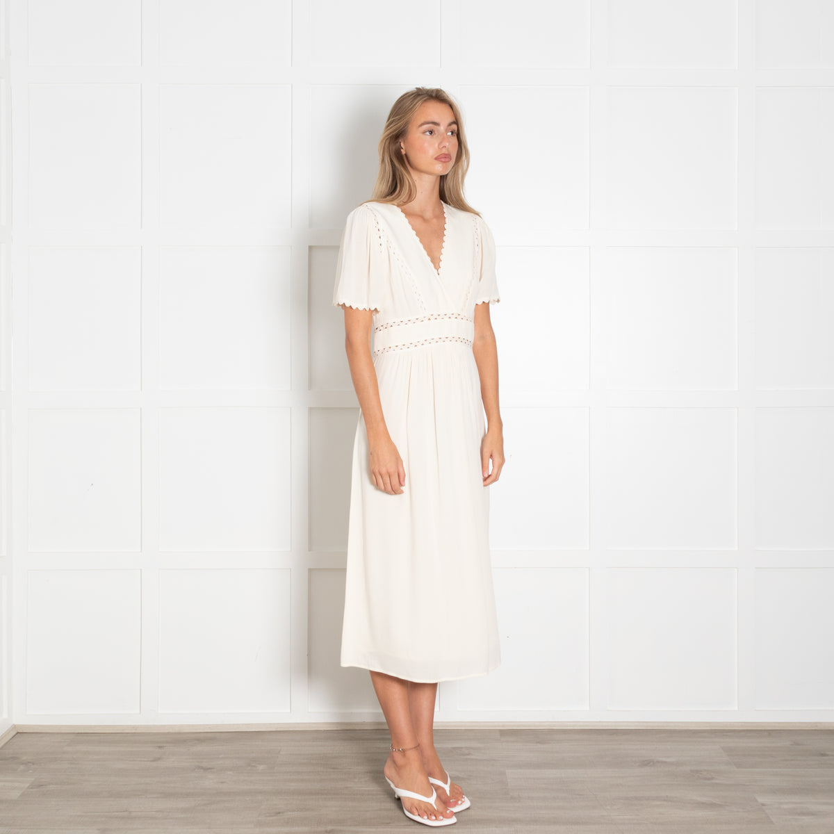 Ba&Sh Pale Yellow Scallop Trim Short Sleeve Midi Dress