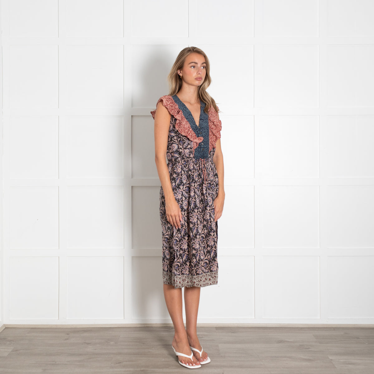 Sea New York Silk Frill Floral Blockprinted Dress