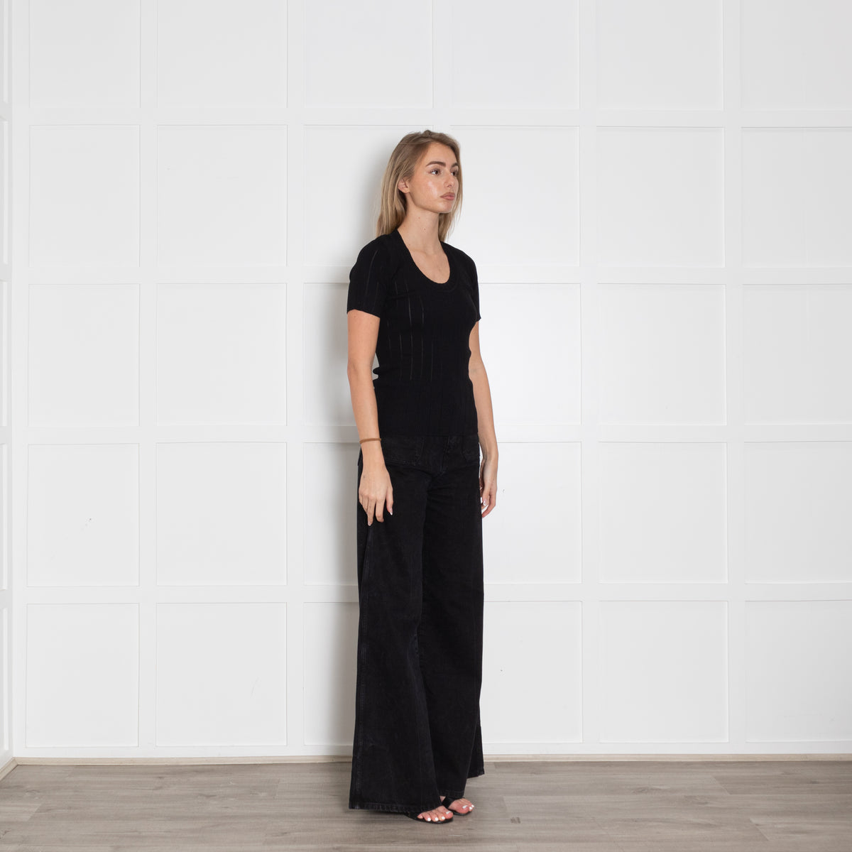 Sandro Black Stretched Ribbed Short Sleeve Top