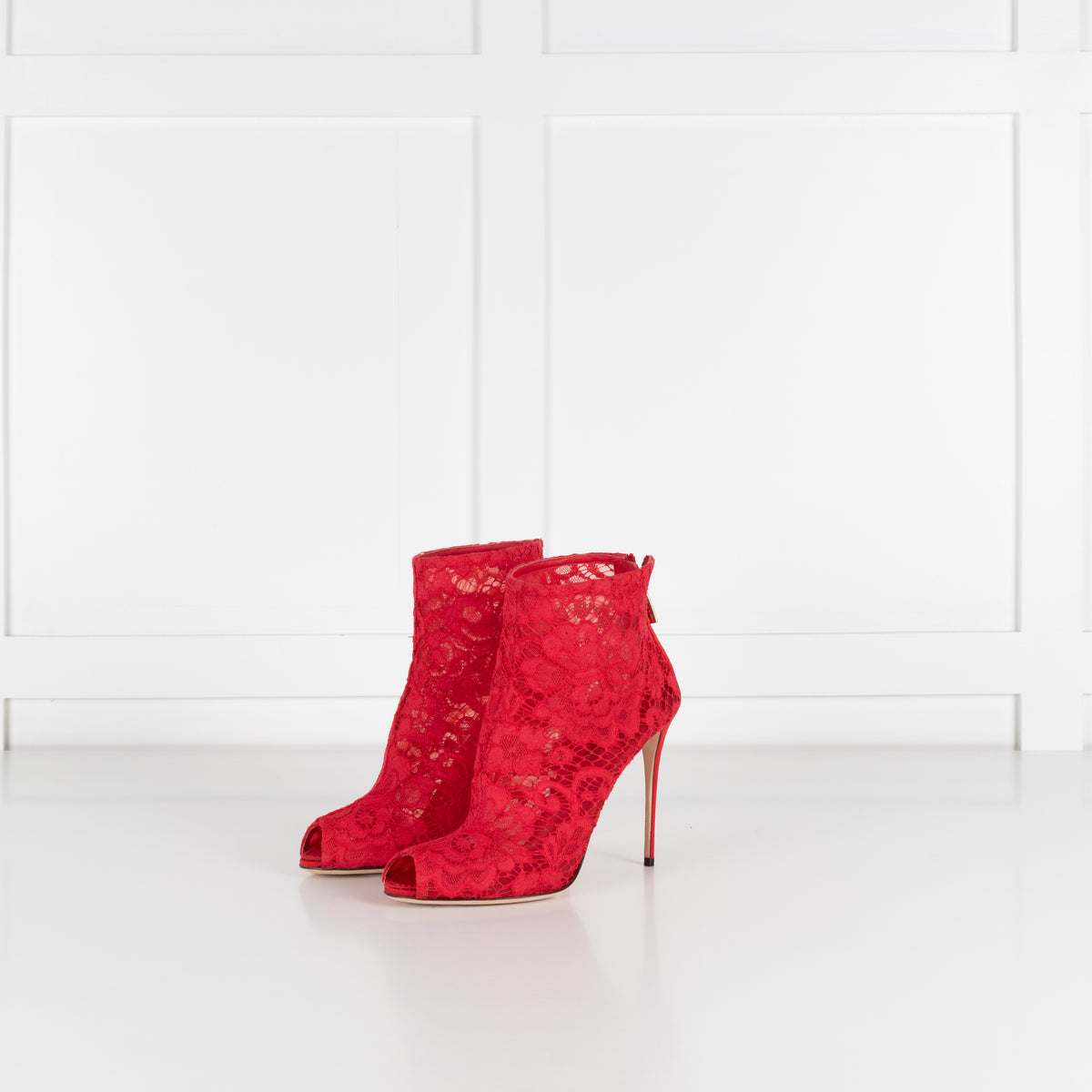 Dolce & Gabbana Red Lace Peep Toe Heeled Booties