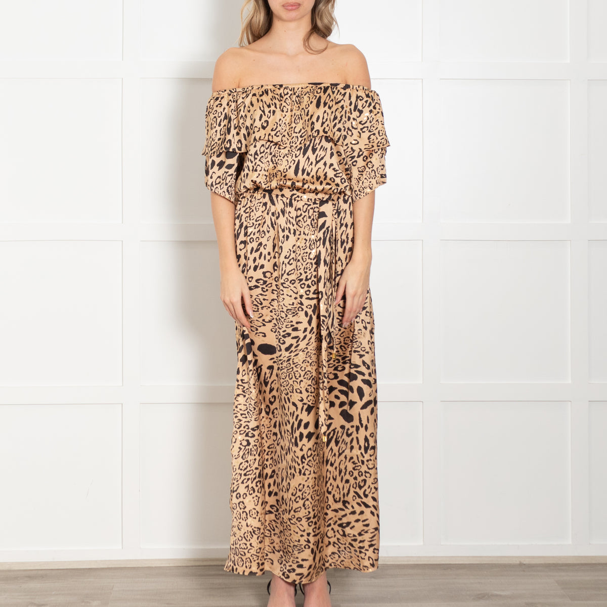 Naia Halle Bardot Frill Golden Leopard Maxi Dress