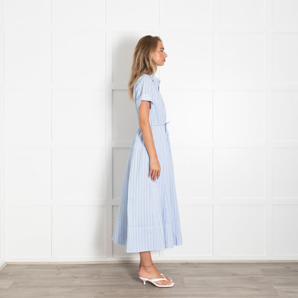 Me + Em Blue And White Drawstring Waist Maxi Shirt Dress
