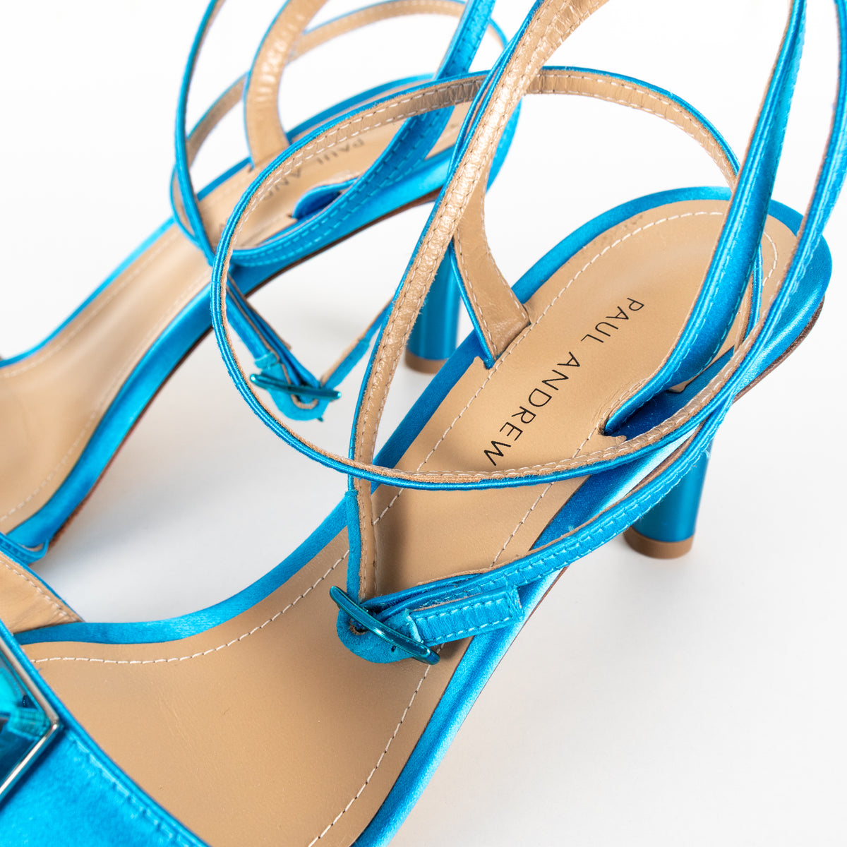 Paul Andrew Turquoise Satin Cube Strappy Heel Sandals