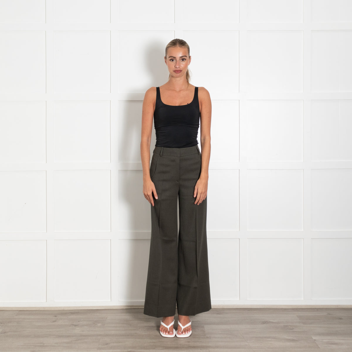 Akris Olive Green Wool Wide Leg Flat Fronted Trousers