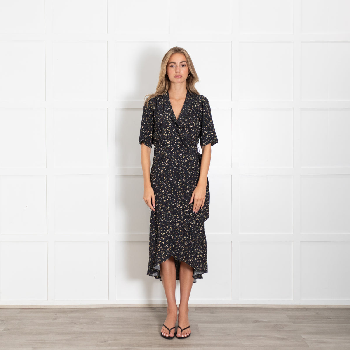 Ganni Black Ditsy Print Wrap Dress