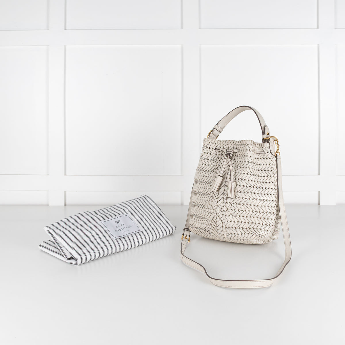 Anya Hindmarch White Woven Leather The Neeson Drawstring Small Bucket Bag