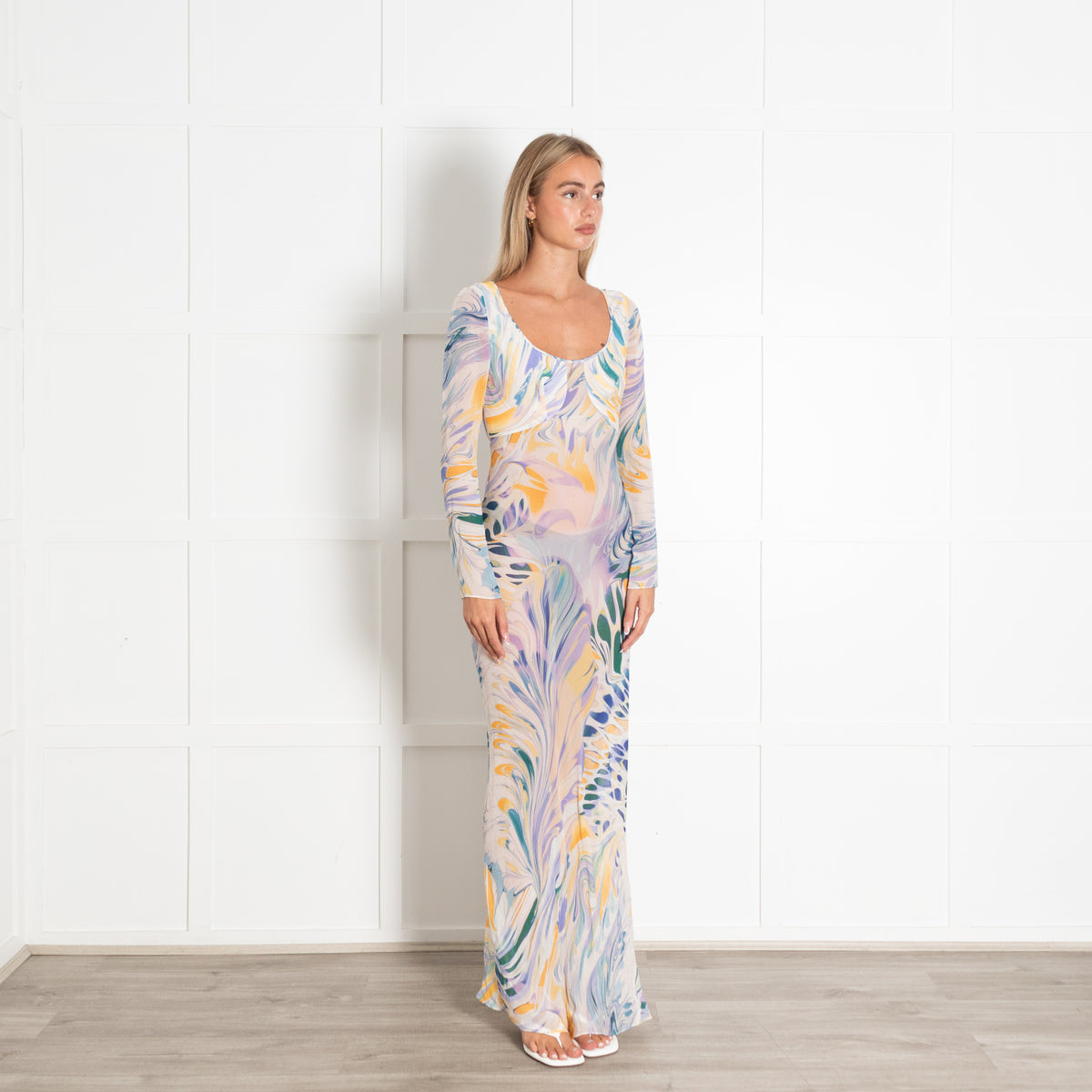Alexandra Miro White Purple Sheer Lois Wave Maxi Dress