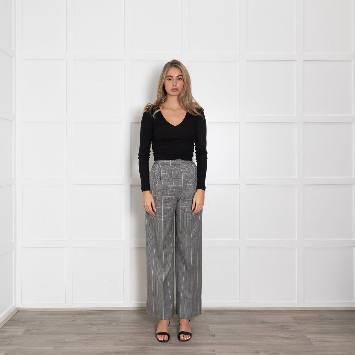 Alberta Ferretti Prince of Wales Grey Check Wide Leg Trousers