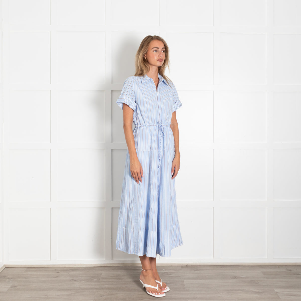 Me + Em Blue And White Drawstring Waist Maxi Shirt Dress