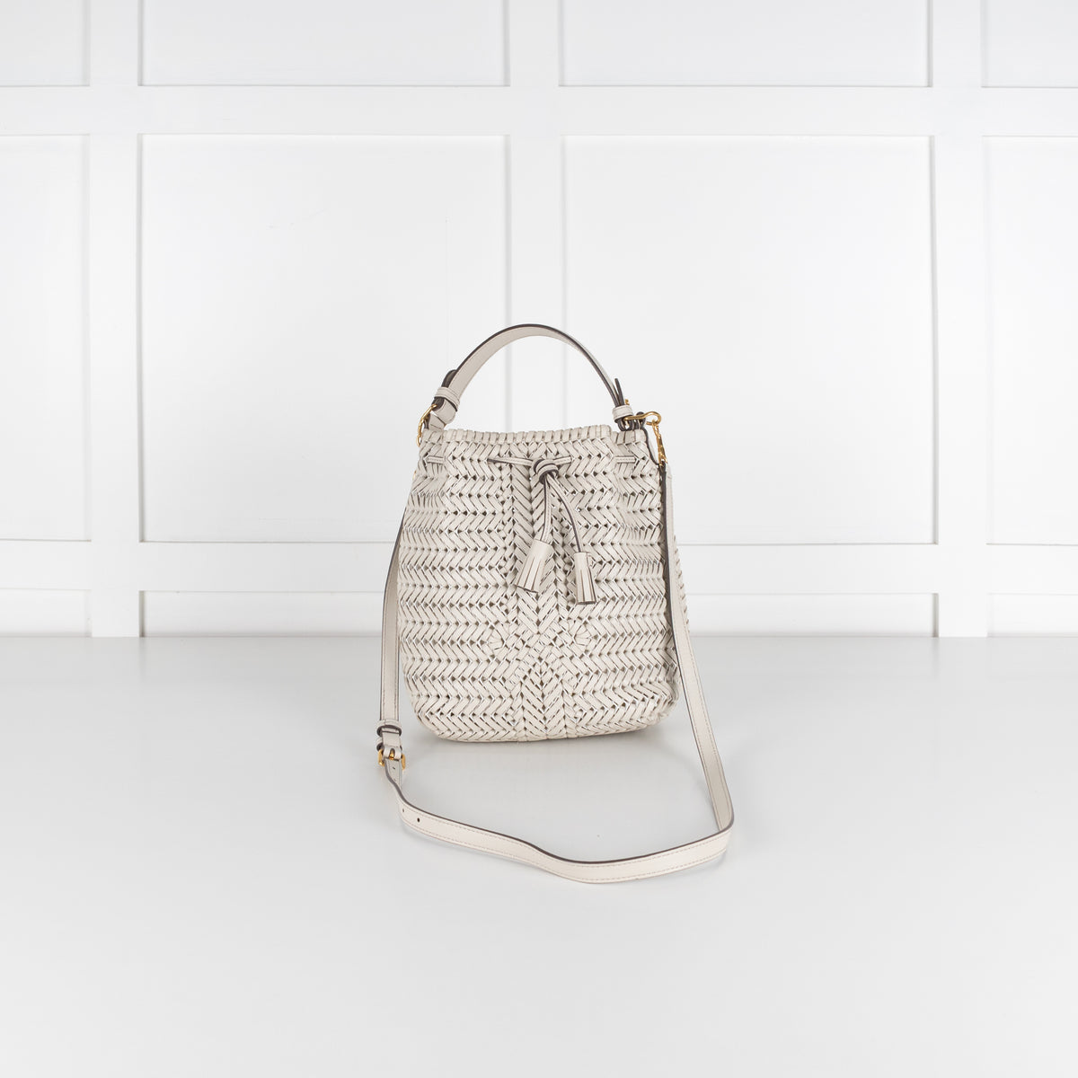 Anya Hindmarch White Woven Leather The Neeson Drawstring Small Bucket Bag