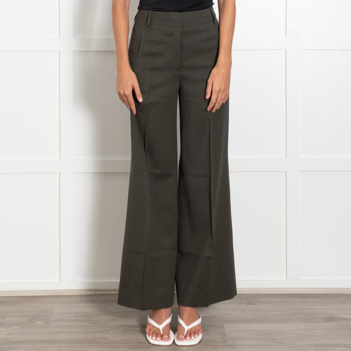 Akris Olive Green Wool Wide Leg Flat Fronted Trousers