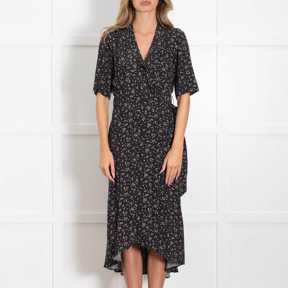 Ganni Black Ditsy Print Wrap Dress