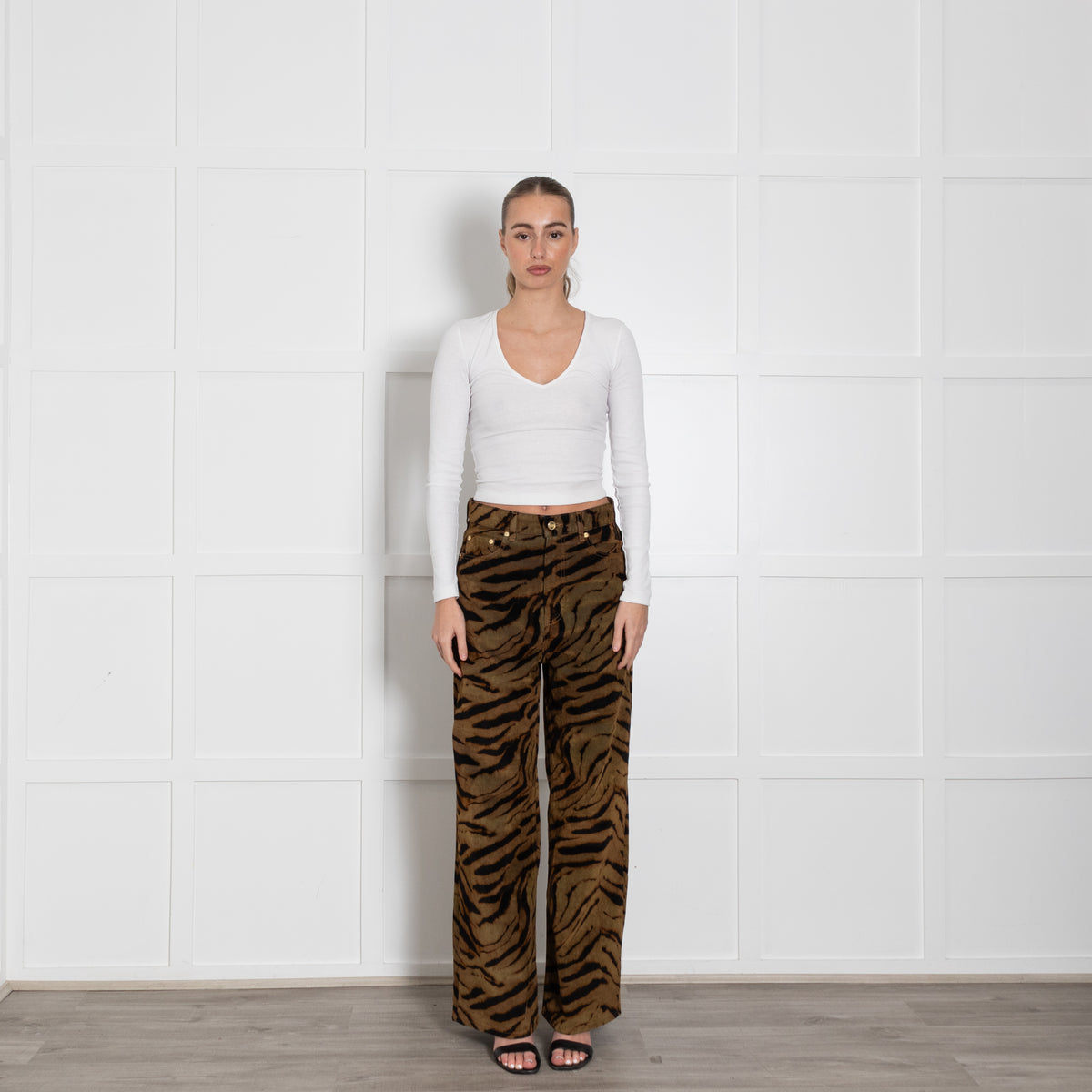 Ganni Khaki Animal Print Wide Leg Trousers