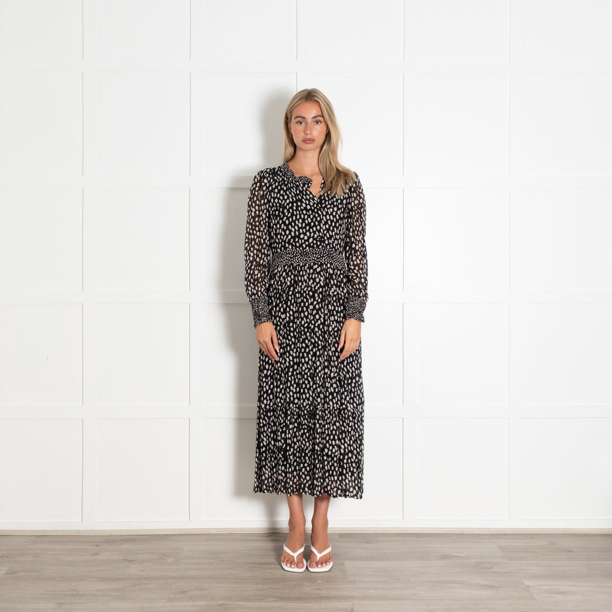 ba&sh Black With White Spot Print Flowing Longsleeve Maxi Dress