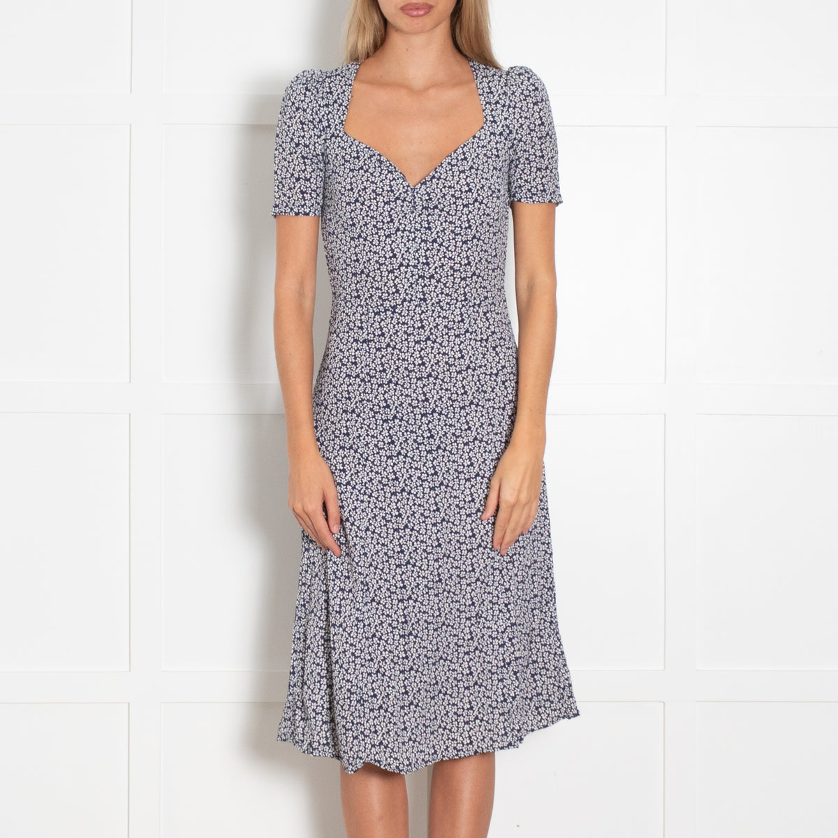 Reformation Navy White Ditzy Floral Short Sleeve Dress