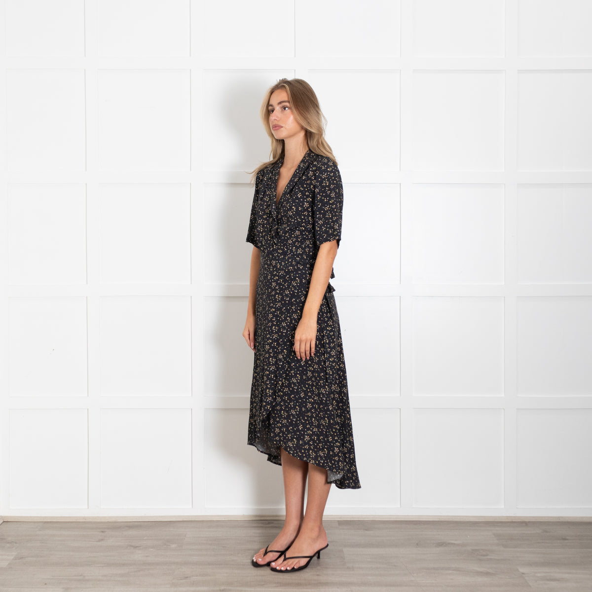 Ganni Black Ditsy Print Wrap Dress