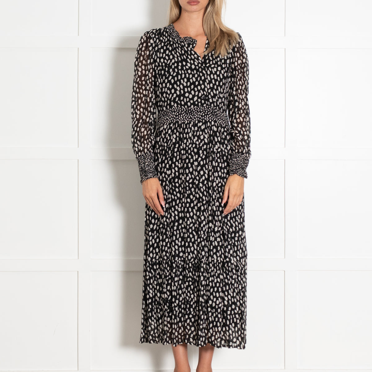 ba&sh Black With White Spot Print Flowing Longsleeve Maxi Dress