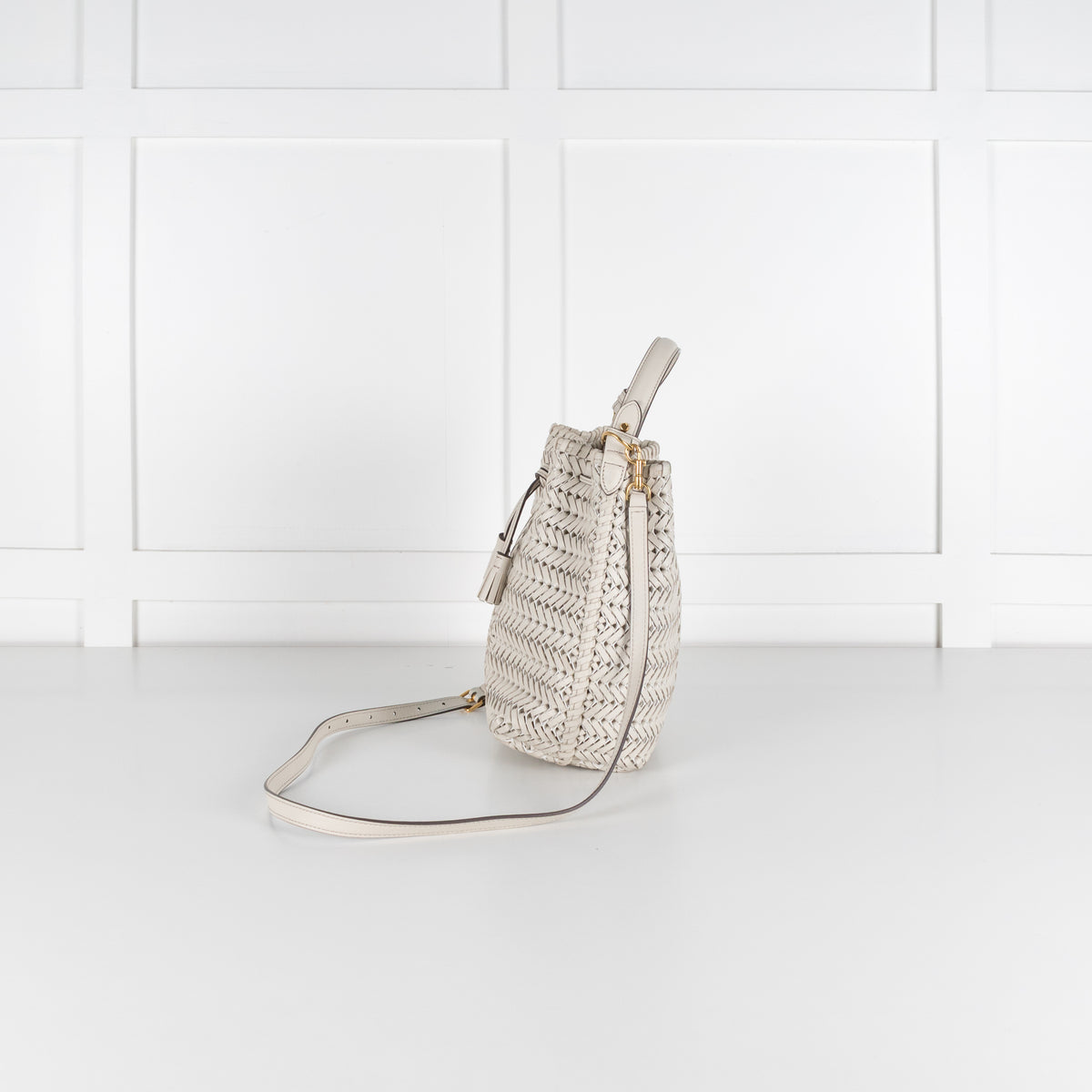Anya Hindmarch White Woven Leather The Neeson Drawstring Small Bucket Bag