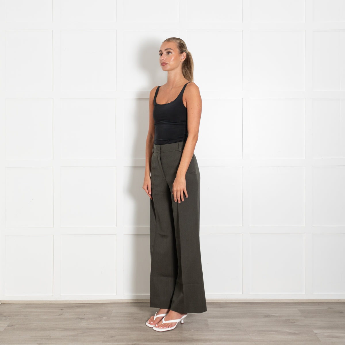 Akris Olive Green Wool Wide Leg Flat Fronted Trousers