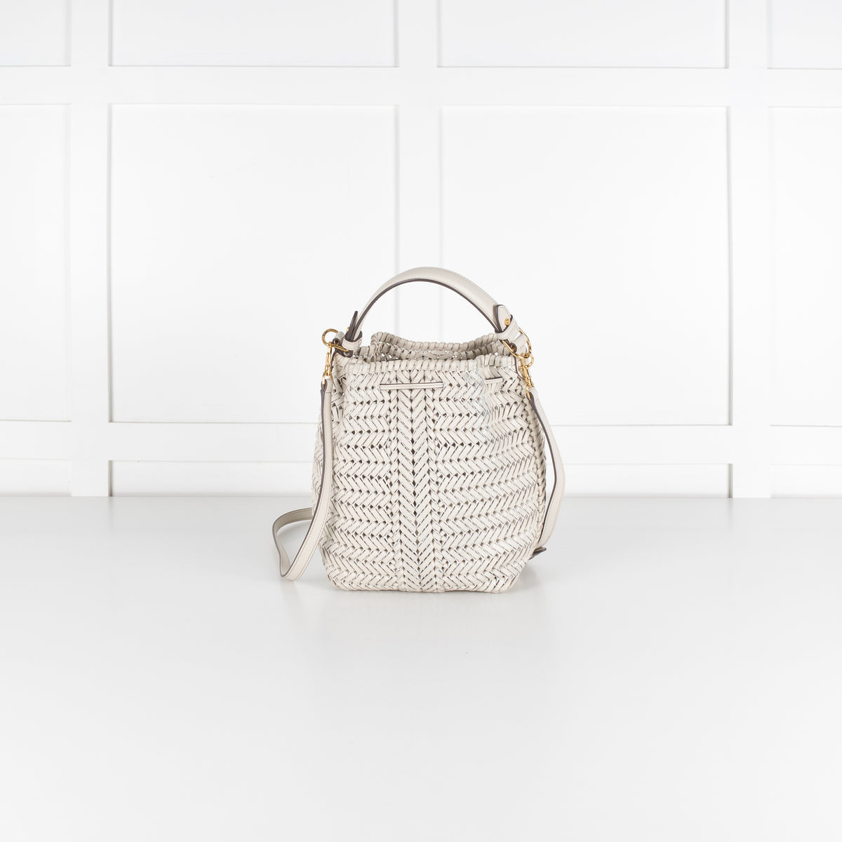 Anya Hindmarch White Woven Leather The Neeson Drawstring Small Bucket Bag