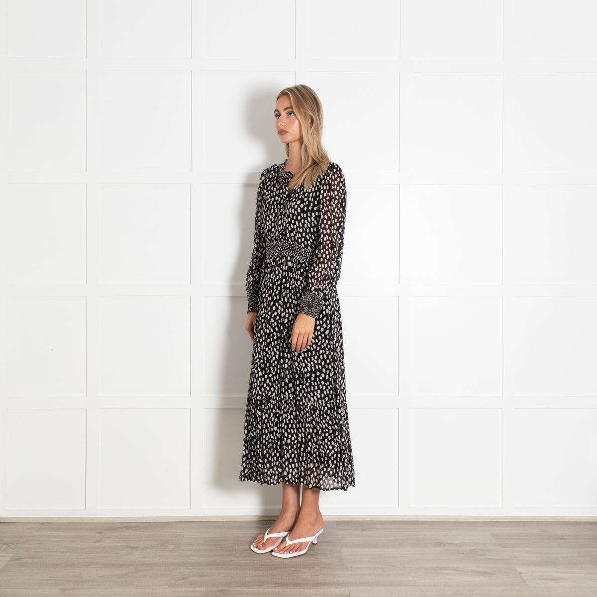 ba&sh Black With White Spot Print Flowing Longsleeve Maxi Dress