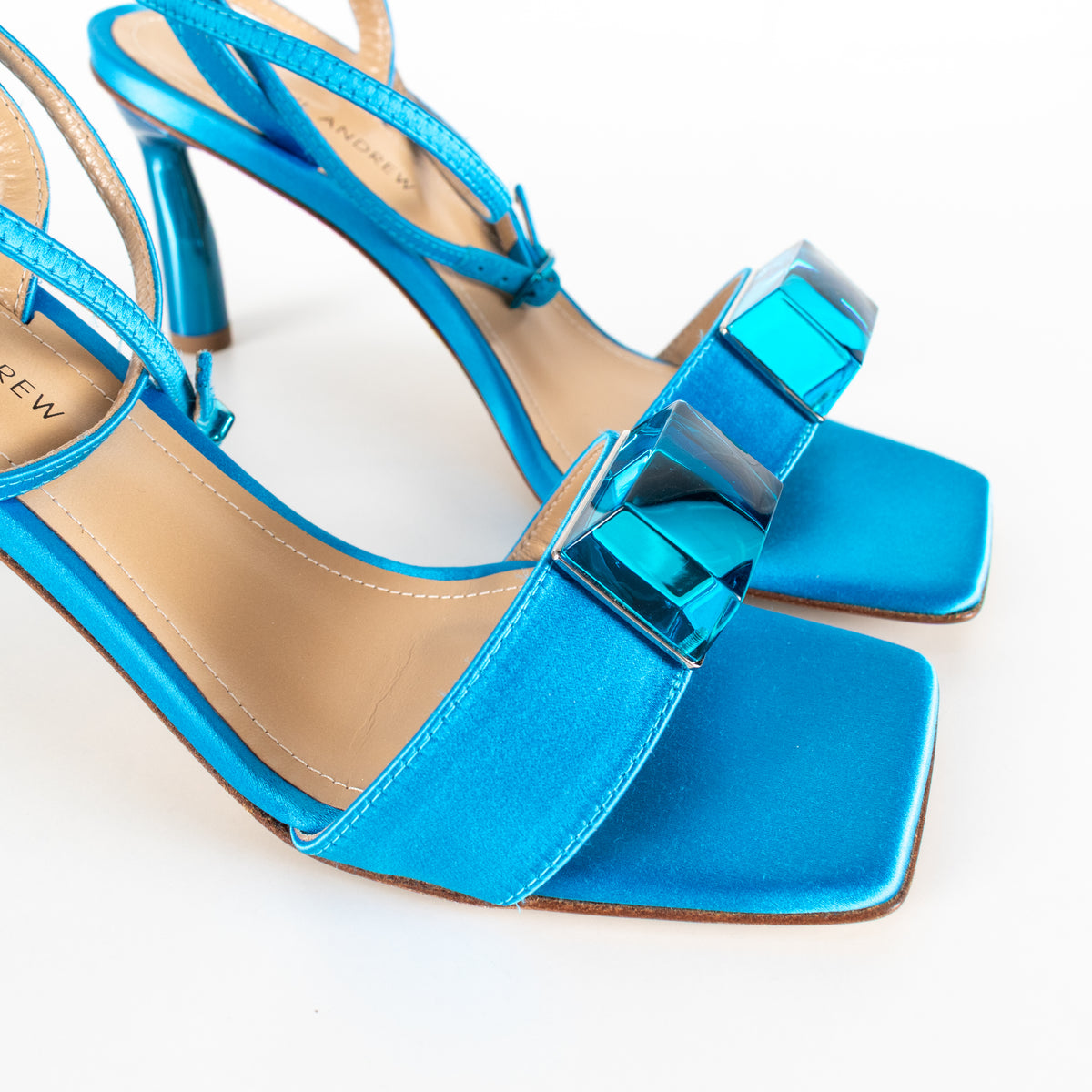 Paul Andrew Turquoise Satin Cube Strappy Heel Sandals