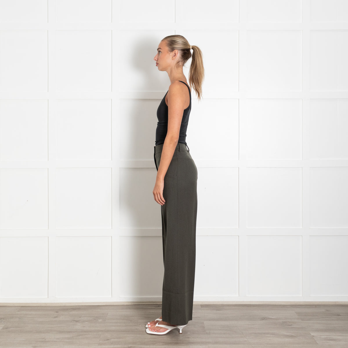 Akris Olive Green Wool Wide Leg Flat Fronted Trousers