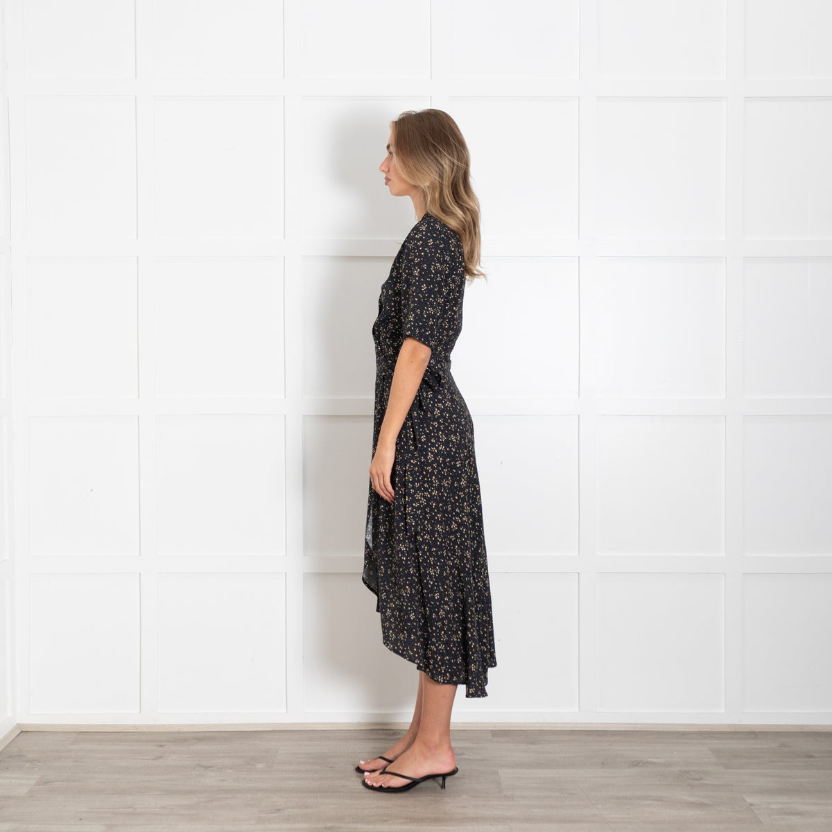 Ganni Black Ditsy Print Wrap Dress