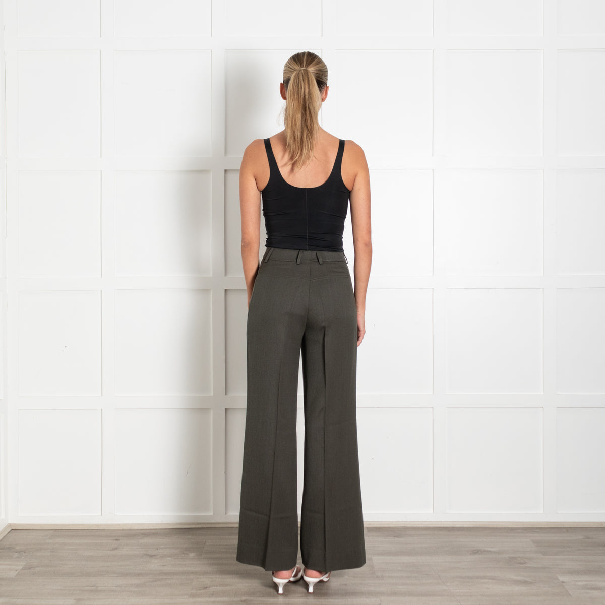Akris Olive Green Wool Wide Leg Flat Fronted Trousers