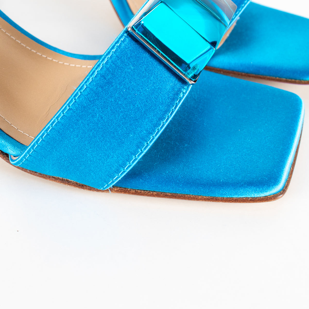 Paul Andrew Turquoise Satin Cube Strappy Heel Sandals