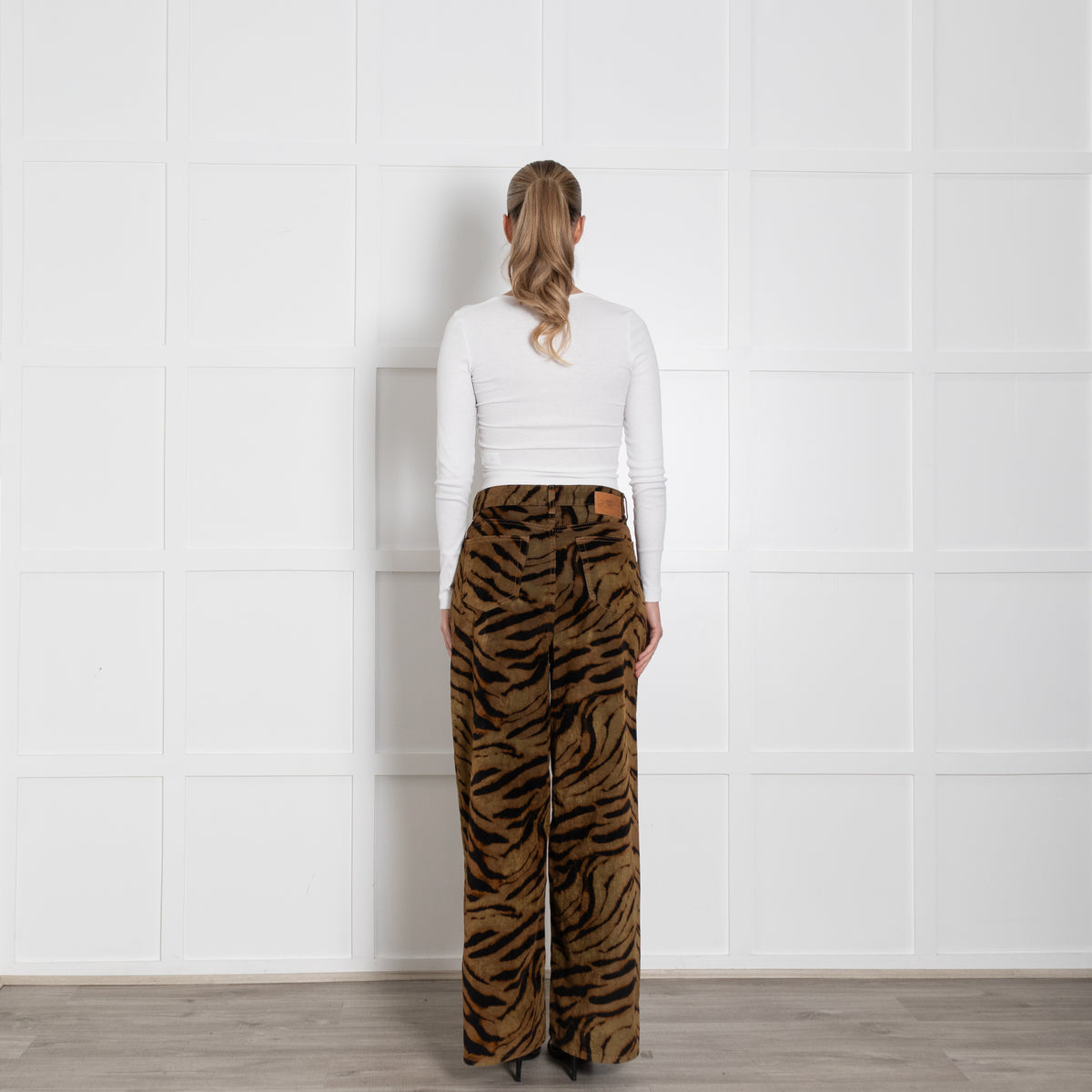 Ganni Khaki Animal Print Wide Leg Trousers
