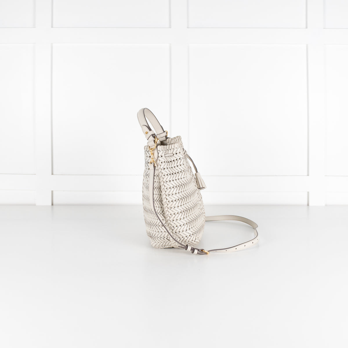 Anya Hindmarch White Woven Leather The Neeson Drawstring Small Bucket Bag