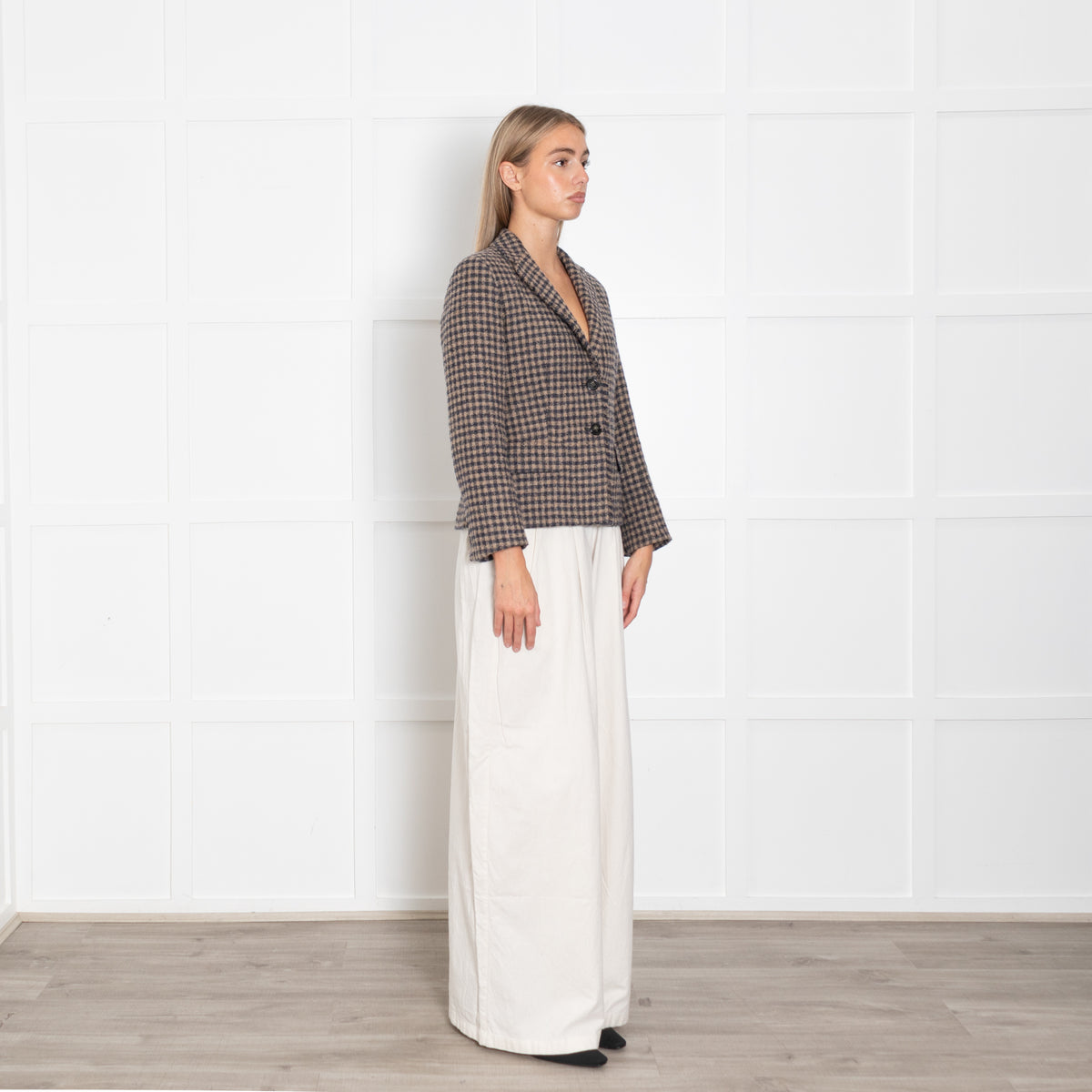 Weekend Max Mara Brown Navy Check Raw Edge Wool Blazer