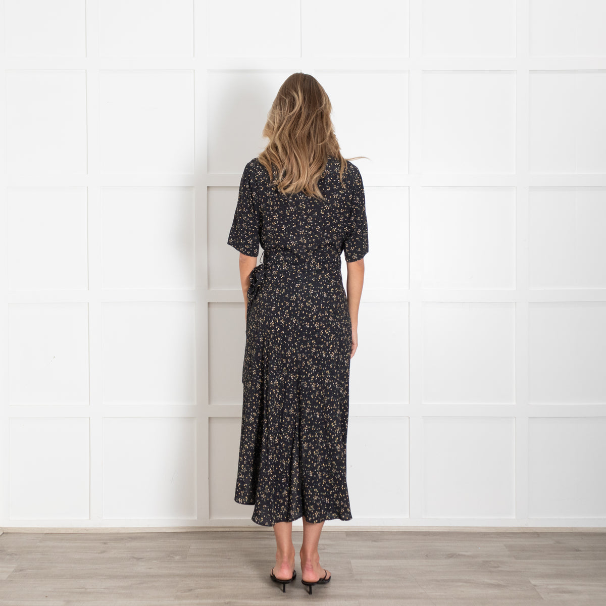 Ganni Black Ditsy Print Wrap Dress