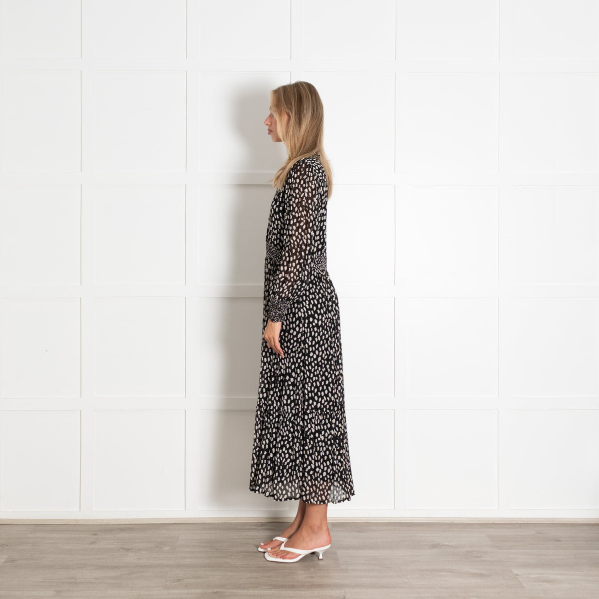 ba&sh Black With White Spot Print Flowing Longsleeve Maxi Dress