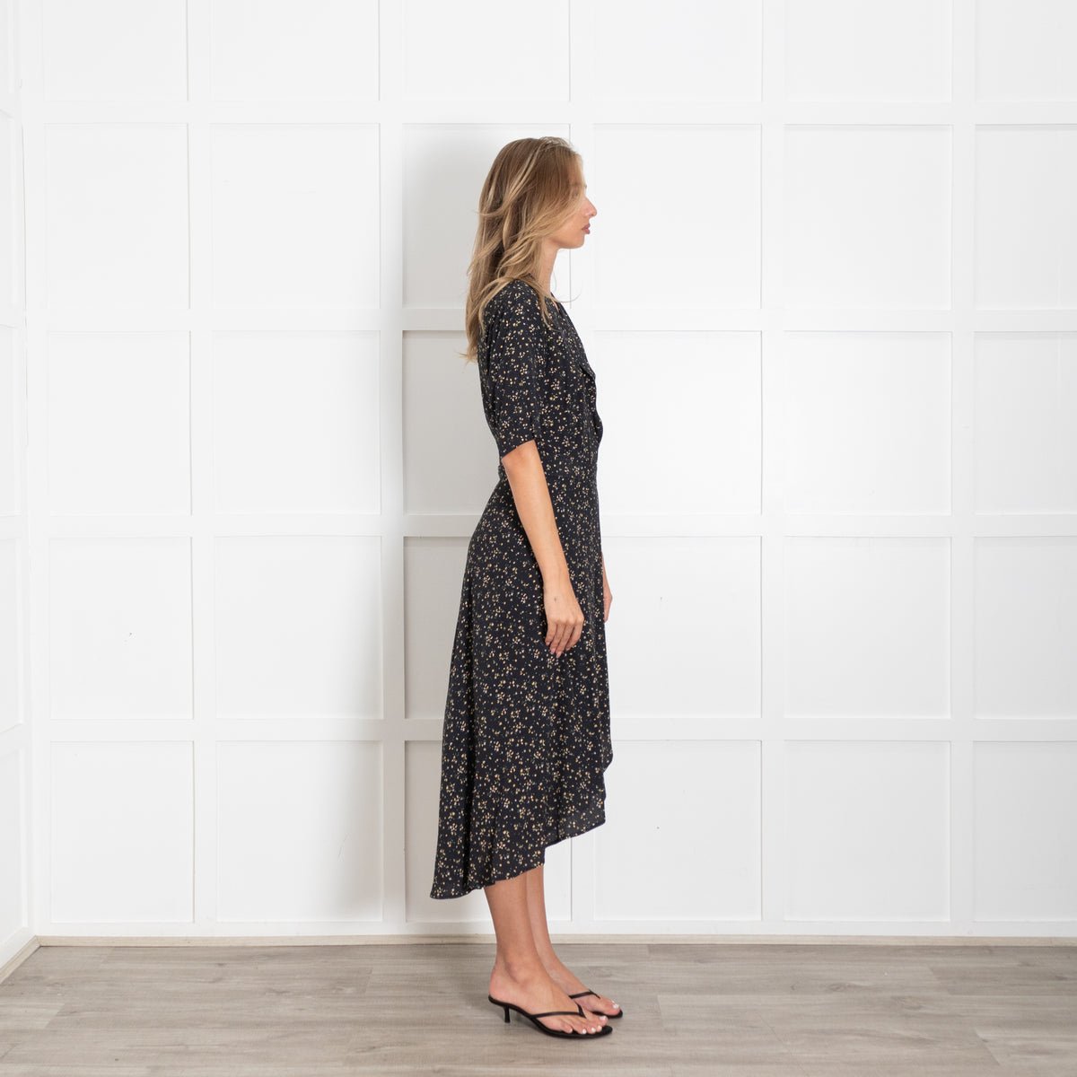 Ganni Black Ditsy Print Wrap Dress